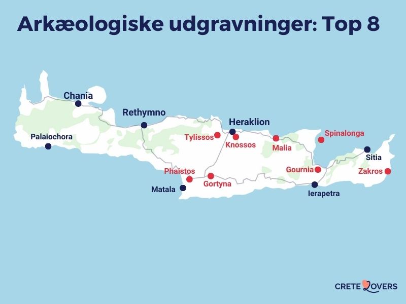 Kort over de bedste arkæologiske steder på Kreta