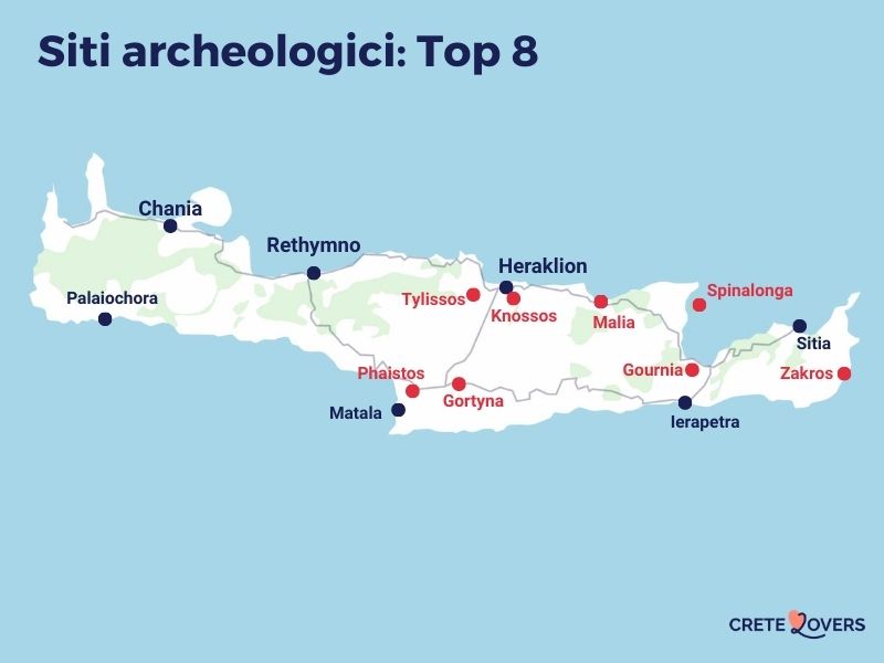 Mappa dei migliori siti archeologici di Creta